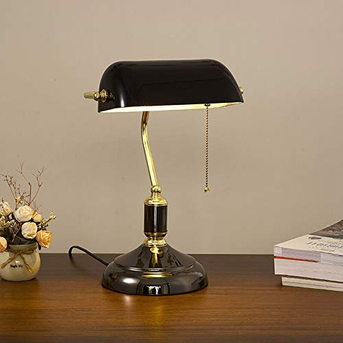 XLDZ Bankers Lamp Desk Light, Classic Notary Style with Pull Switch, Black Glass Table Lamp, Antique Metall Finish, Perfect for Offices, Bedrooms, Living Rooms and, E27 Base