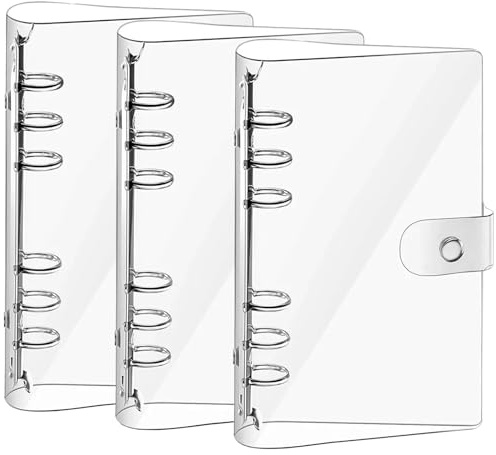 Hinapan 3 stycken A6 transparent mjuk PVC mapp, vattentät påfyllningsbar ringpärm A6, 6 ringar pärm med snäppstängning, för kontor, skola, mapp