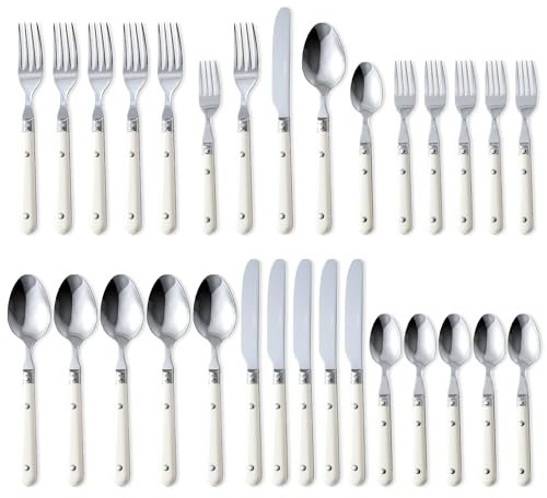 CAROTE Besteck Set 30-Teilig, Edelstahl Besteck mit weißem Griff, Essbesteck Set für 6 Personen, Cromargan Edelstahl poliert, Messer, Gabel, Löffel, Spülmaschinenfest