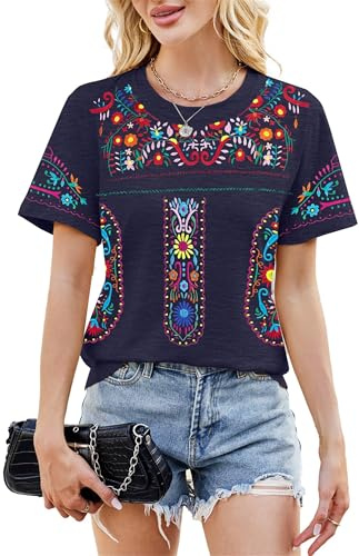 Embroidered Mexican Peasant Blouse Women Summer Boho Shirt Mexico Fiesta Short Sleeve Tops Dark Blue