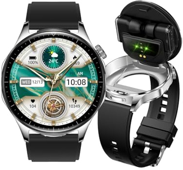 Rainbuvvy Smart Watch with Earbuds, Fitness Watch for Men Women, Sports Earbuds, Heart Rate Sleep Monitor, 1.43 AMOLED Large Screen Watch for iOS Android Phone, Step Tracker Watch (Silver)