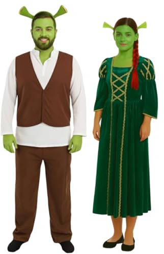 Ogre Couples Costume – Adult Princess With Wig & Ogre Fancy Dress Set with Ogre Ears and Green Face Paint – Perfect for Halloween, Parties, Cosplay & Themed Events