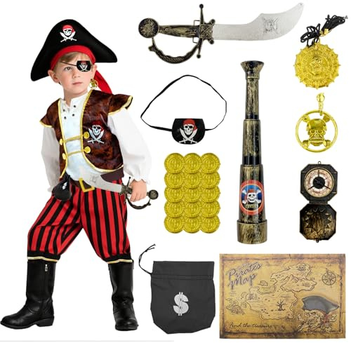 Xerteam 5-deligt sett Piratenkostym för barn, 22-delar Piraten-tillbehör, Pirate Deko Barnfödelsedag, Rollspelskostym för barn, Halloween Kostym för barn 3-6