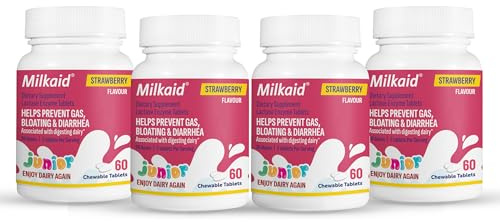 Milkaid Junior Lactase Enzyme Chewable Tablets for Lactose Intolerance | Prevents Gas, Bloating, Diarrhea in Children| Fast Acting Dairy Digestive Supplement for Kids| Strawberry Flavor | 60 ct (4)