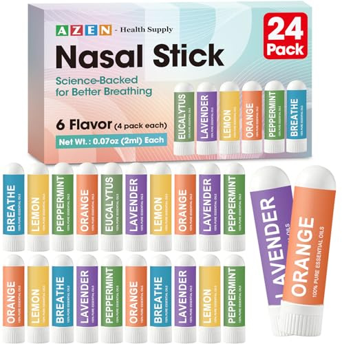 AZEN 24 Pack Nasal Sticks Bulk, Portable Inhaler Stick for Nasal Congestion Relief with Essential Oils, Focus Boost, Non-Medicated, Refreshing Vapors