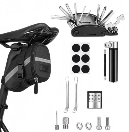 Kit d'outils pour vélo 16 en 1, kit d'outils de réparation de vélo avec sacoche de selle, outil pour vélo | Outil multifonction 16 en 1 avec sacs de selle pour vélo, pompe à vélo, mini pour VTT, vélo de route, kit d'outils de voyage