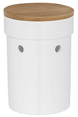 Kela Pot à Oignon en Céramique, Couvercle Bambou, Salena, Hauteur 21 cm, 12067, Blanc/Bois