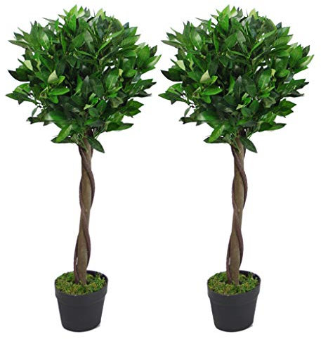 Leaf Design UK Pair of Artificial Bay Topiary Ball Trees, Green Twist, 90cm (3ft)