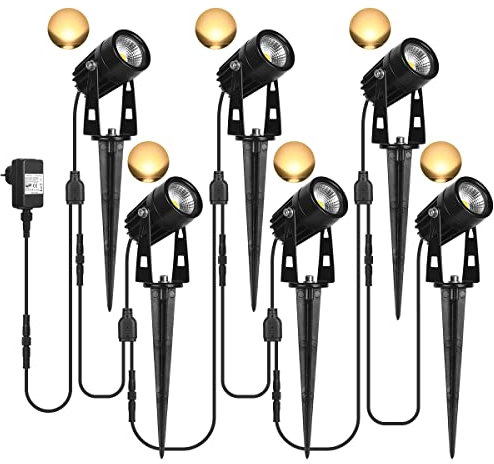 SanGlory 6 Stücke 3W Gartenleuchten LED COB Warmweiß, LED Gartenstrahler mit Stecker, IP65 Wasserdicht Gartenbeleuchtung mit Erdspieß, Wegbeleuchtung Gartenlampe für Außen
