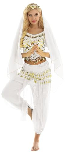 TTAO Femme Ensemble Danse Orientale Belly Dance Robe Danse du Ventre Classique Deguisement Indien Princesse Costume Halloween Carnaval Fêtes Blanc Taille Unique