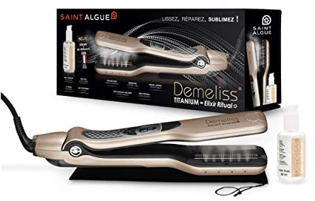 Demeliss Titanium Elixir Ritual Lisseur Vapeur Professionnel – Plaques Titane Flottantes, Diffusion Vapeur – Pour Cheveux Épais, Bouclés, Frisés – Avec Élixir de Brillance 50ml Inclus