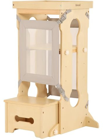 Bateso Lernturm für Kinder mit 2 abnehmbaren Netzen, Höhenverstellbarer Montessori Lernturm, Stehturm für Kleinkinder für Die Küchentheke, Montessori-Küchenhockerhelfer für Kinder von 1–6 Jahren