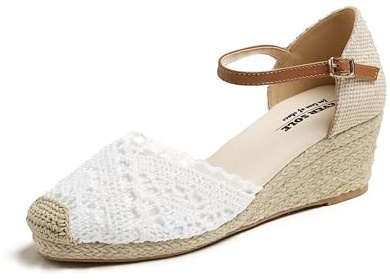 Feversole dam kil sandaler minnesskum slingback mellanklackar mode Espadrille ankelrem sommarskor, Vit kil stickad virkad jute, 40 EU