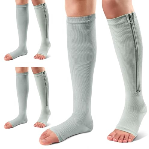 Ailaka Lot de 3 paires de chaussettes de compression avec fermeture éclair, 15-20 mmHg pour homme et femme, design à bout ouvert, respirantes et offrant un bon maintien