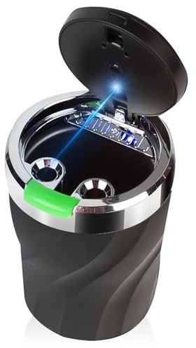 Aschenbecher Auto, Auto Aschenbecher mit leuchtender Öffnungsknopf, Tragbarer Edelstahl rauchfreien Aschenbecher mit Deckel & LED Licht, für Autos Van Outdoors Camping (Grün)