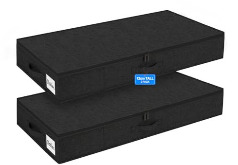 Huquter Lot de 2 boîtes de rangement peu profondes sous le lit avec couvercle, 12 cm de haut, avec support latéral et inférieur robustes, sac de rangement pliable en tissu peu profond pour vêtements,