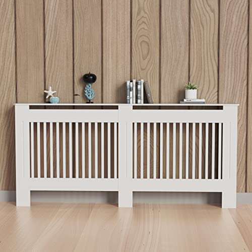 FATIVO Cache-radiateur Haut en Bois :101 cm de Hauteur - Blanc - Lattes Verticales Taille XL - Cache-radiateur Moderne - Étagère épaisse en Bois MDF - pour Couloir - Armoires murales décoratives