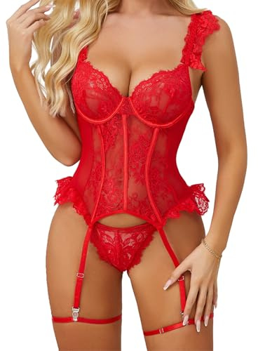EVELIFE - Set di lingerie da donna, sexy, body in pizzo, fascia per cosce, in pizzo, babydolls sotto i vestiti, coscia in pizzo, rosso, XXL