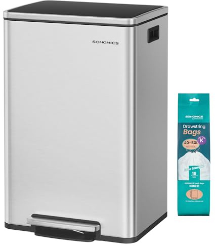 SONGMICS Pattumiera da Cucina 50 L, con 15 Sacchi per Spazzatura, Acciaio Inox, Secchio in Plastica Rimovibile, Cestino a Pedale con Coperchio Maniglie Chiusura Morbida, Colore Argento LTB595E01