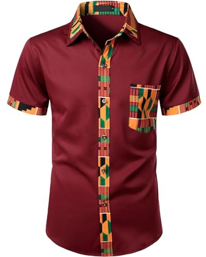 Chemise africaine à manches courtes pour homme - Motif tribal africain - Design patchwork - Confortable - Chemise d'été - Chemise de fête - Imprimé rétro - Chemise de loisirs - Costume de carnaval, O