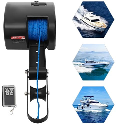 SAYEYBU 35 LBS Electric Boat Anchor Winch Kit, Marine Anchor Windlass System, Electric Anchor Winch Remote Control, for 24 Ft Fishing Boat Pontoon Boat,Black