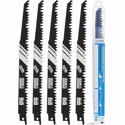 EffektWerk - Hojas de sierra recíproca para madera - 5 piezas - Hojas de sierra de sable de acero HCS de 9/230 mm para cortar madera y plástico - 6 TPI (dientes por pulgada)