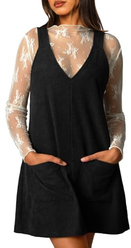 Navneet Corduroy Overall Dress for Women V Neck Sleeveless Pinafore Jumper Mini Dress with Pockets Black M