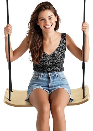 PELLOR Wooden Swing Seat Hanging Wood Tree Swing with Adjustable Rope Garden Swing Set for Adults, Indoor & Outdoor, Max Load 150KG