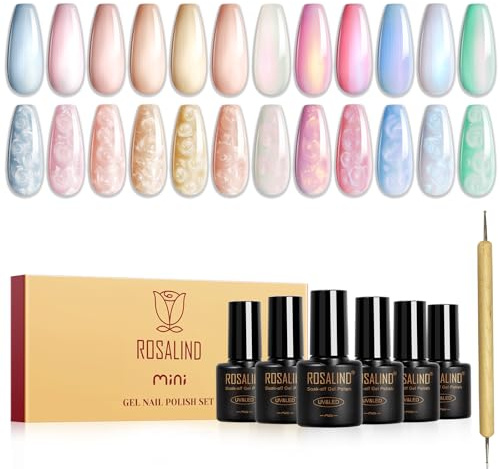 ROSALIND UV Nagellack, 12 Färger Blå Rosa Guld Och Grön med Skimrande Pärleffekt Spiralgel Nagellack med Pensel Trådskal Gellack, Soak-off Mini-UV/LED Färggel för Nagelkonst Manikyr Gåva