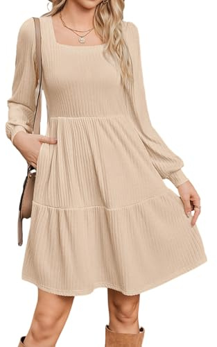 Vestidos para mujer de manga larga vestido de otoño una línea vestido casual con bolsillos vestido suéter ligero escote cuadrado vestido túnica informal S-XXL, beige, M