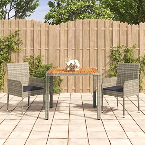 QJBSAVVA Set di 3 mobili da giardino in rattan grigio con tavolo in legno di acacia, 90 x 90 cm, sedie pieghevoli per piccoli balconi, terrazze, per esterni, gruppo da pranzo moderno