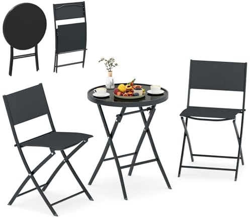 RELAX4LIFE Tavolo da Giardino con Sedie, Set di 3 Pezzi Bistro Pieghevole con Piano in Vetro Temperato e Struttura in Metallo, Portatile per Terrazza Balcone, Portata 160KG+75KG, Nero