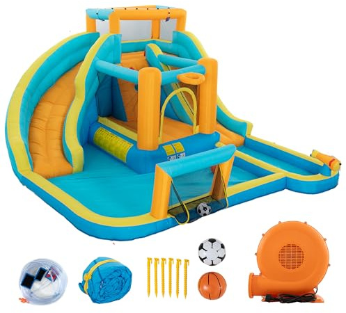 UEV Gonfiabile Castello Gonfiabile con Ventilatore 580W, Parco Acquatico con Doppio Scivolo, Piscina per Bambini, Arrampicata,Parco Divertimento Uso Interno ed Esterno, 457 x 373 x 218 cm