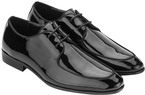 Bottega del Sarto Scarpa Derby da Smoking in Pelle Verniciata Nera con Suola in Cuoio Sartoriale, 43