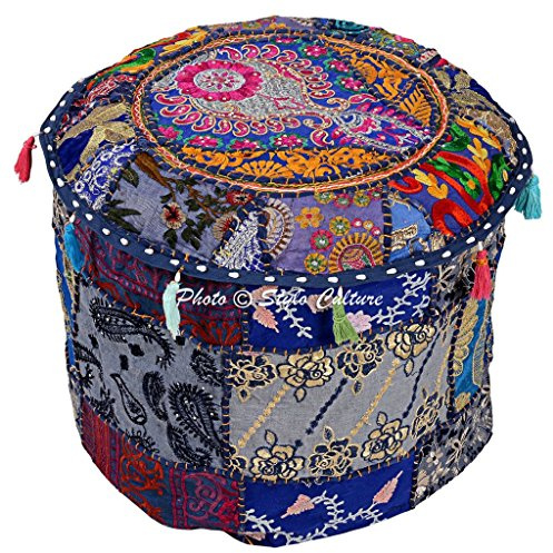 Stylo Culture Algodón Redondo Patchwork Puff Asiento Bordado Otomano Taburete Puf Funda Azul Floral Hassock Puff Reposapiés Funda 40 cm Étnico Decorativo Salón Muebles (16x16x13) (Solo Cubierta)