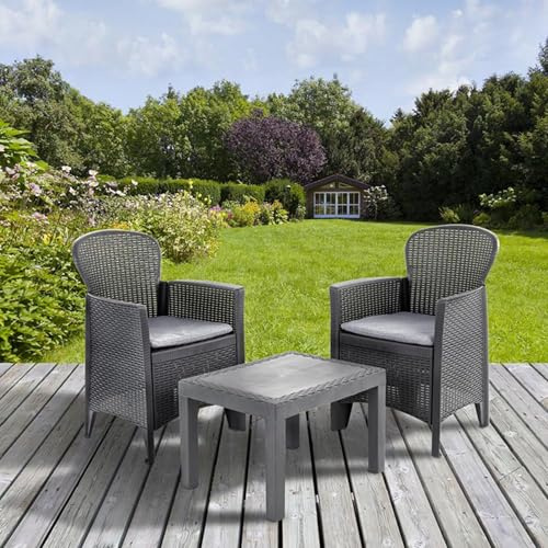 Dmora - Ensemble de salon d'extérieur Foggia, Composition de jardin avec 2 fauteuils et 1 table basse, Salon effet rotin avec coussins, 100% Made in Italy, Anthracite