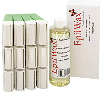 EpilWax - Kit de reposición con: 12 cartuchos Aloè vera Roll-on, 1 paquete de 100 tiras no tejidas para la depilación y 1 botella de 250 ml de aceite neutro para después de la depilación (Aloé vera)