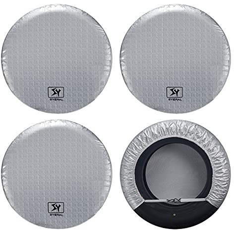 SYERAL RV Tire Covers Set of 4, Waterproof Anti-UV Snow Sun Rain Wheel Tire Protectors Covers for Trailer,Camper,RV,Truck,SUV,27-29inch(M) Silver Aluminum Film