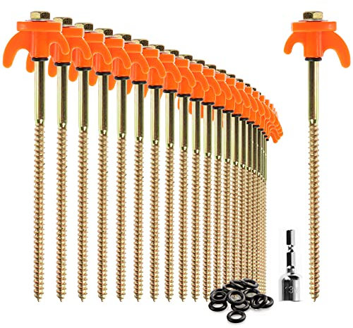 com-four® 24x Zeltheringe - robuste Stahl-Heringe mit Gewinde und Seil-Halterung - Felsboden-Erdnägel für Camping und Outdoor - Zelthaken für harten Boden und Holz goldfarben + orange