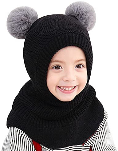ISAKEN Barn, flickor, vintermössa, varm, söt slip-mössa med tofs, babymössa, mössa, mössa, varm, stickad mössa, halsduk, fleece, mössa, pojke, flicka, stickad vinterhalsduk, slip-mössa