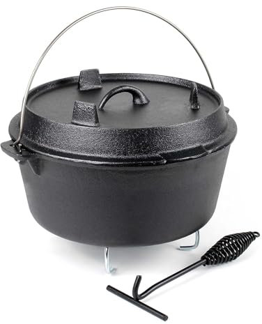 Dutch Oven 18l mit Untersetzer und Deckelheber, Kochtopf aus Gusseisen für Lagerfeuer und Camping