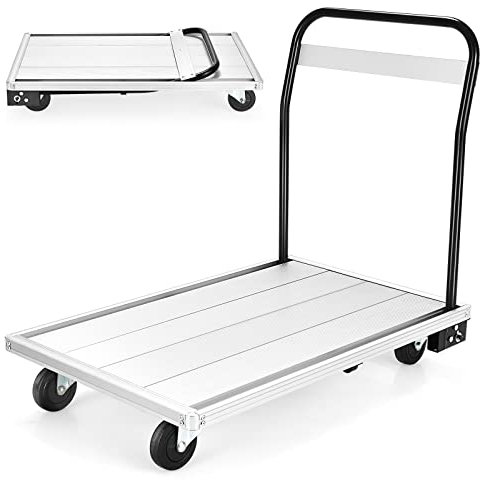 COSTWAY 350kg Folding Platform Truck, Heavy Duty Flat Bed Trolley with 4 TPR Wheels and Handle, Aluminum Alloy Sack Barrow Cart for Luggage Transport