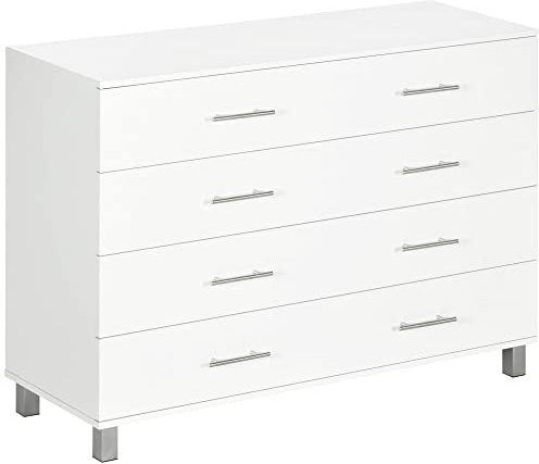 HOMCOM Cómoda con 4 Cajones Cómoda de Dormitorio de Madera con Patas Cómoda de Noche Moderno para Salón Oficina Entrada 112x38,2x81 cm Blanco