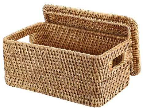Hipiwe Rattan Basket with Lid Rectangular Lidded Basket Natural Hand-Woven Wicker Storage Basket Bin for Shelf Organizing Picnic Food Bread Table Storage Basket, 12x7.9x 5.9