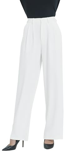 Tronjori Pantalon Habillé Taille Haute Décontracté à Jambe Droite pour Femme - Pantalon de Travail et de Costume avec Ceinture Élastique dans Le Dos, Blanc Ivoire, Taille L