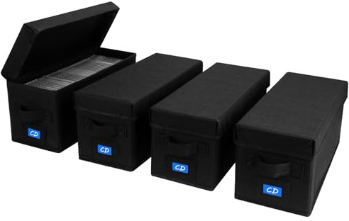 BOATISLE CD Case Holder with Handles and Lid – CD Storage Box with External Label Slots, Easy-to-Move Organizer Case for Efficient Media Storage,4Pack-Black