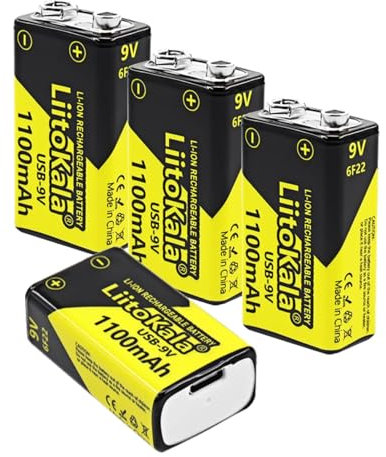 LiitoKala Piles 9v Rechargeable 1100mAh, Batterie 9V Rechargeable Li-ION USB C, Haute Capacité avec Indicateur LED pour détecteurs de fumée, Détecteur de Fumée, Talkie-walkie et Plus Encore (4PCS)