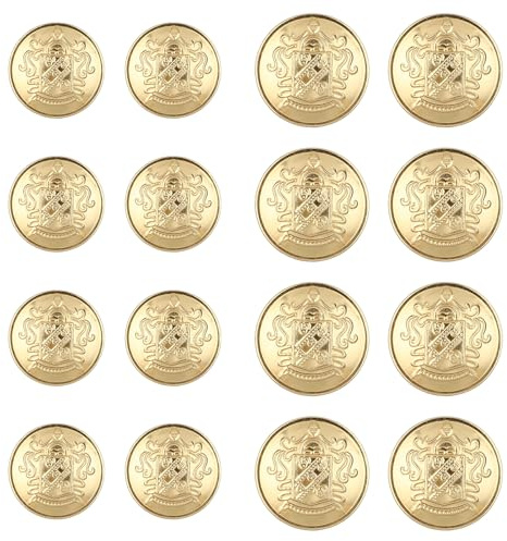 Xinjoduz 16 PCS Metal Blazer Buttons Set, 2 Sizes No-Sew Removable Vintage Gold Coat Buttons 4 Holes Round Blazer Buttons for Craft Gold Buttons for Blazer Suits Sport Coat Uniform Jacket (18mm 25mm)