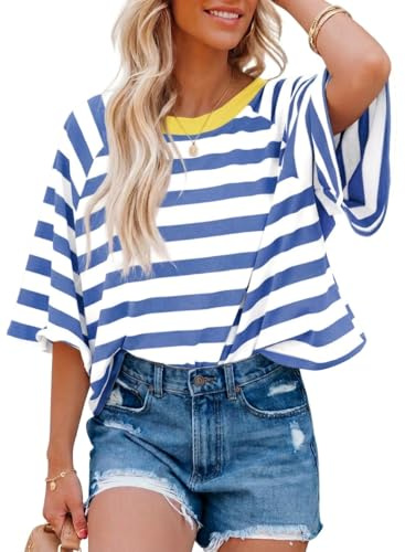 Chicrise Camisetas Manga Corta Mujer Verano Rayas Oversize Top Cuello Redondo Casual Bloques De Color Básicas Camisa