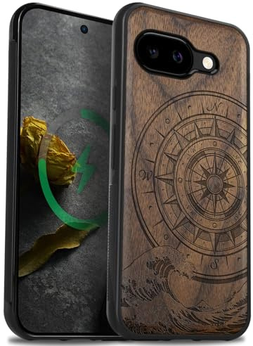 Carveit Magnetisk Träfodral för Google Pixel 9a [Naturligt trä & svart mjuk TPU] premium stötsäkert Pixel 9a Case (valnötsträ-Kompassen och Vågen)